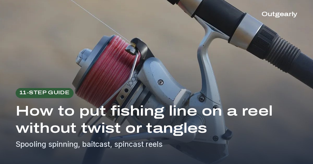 11-step guide: Close-up of a spinning reel with red line neatly wound on the spool, mounted on a rod